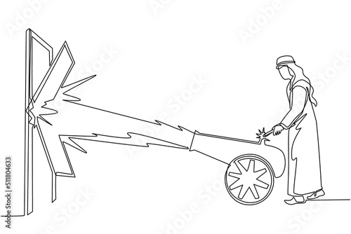 Continuous one line drawing Arab businessman ignites cannon in front of door and destroying door. Eliminating barrier of entries, destroying obstacles with brute force. Single line draw design vector