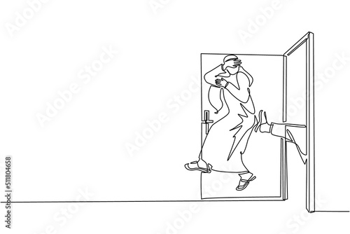 Single continuous line drawing Arabian businessman get kicked out of door. Dismissed from his job. Unemployment business concept. Boss kicks unnecessary employee. One line draw graphic design vector