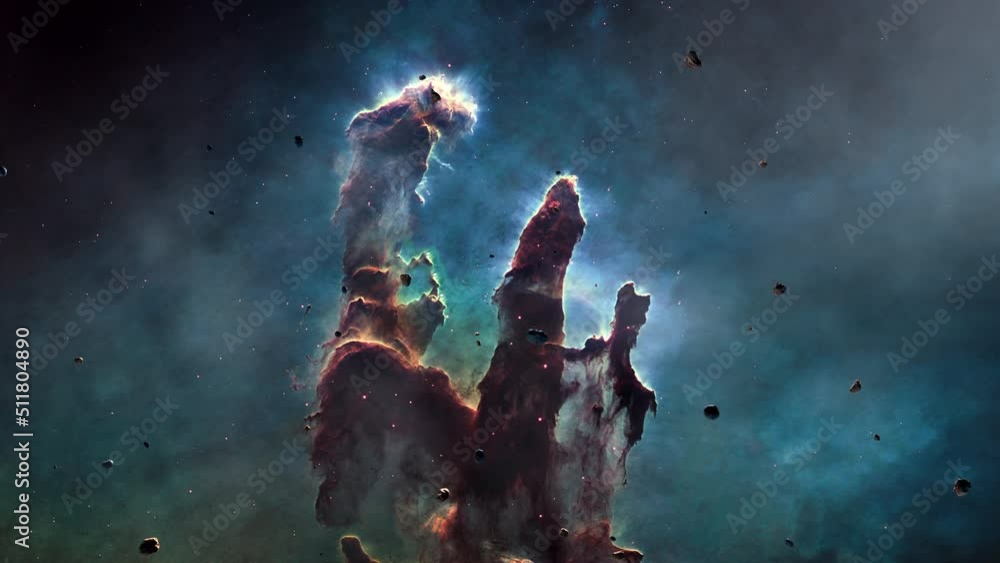 Galaxy space flight exploration space rock scence at Messier16 The Eagle Nebula . 4K looping animation of flying through glowing nebulae, clouds and stars field. 