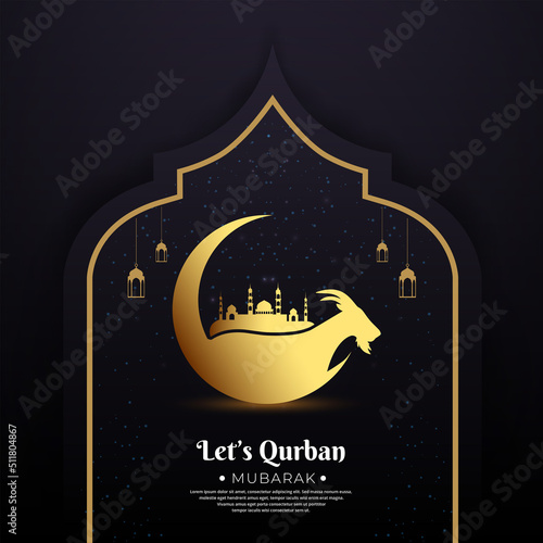 Golden Eid al adha mubarak design template Stories Collection. Islamic background with goat and Mosque.