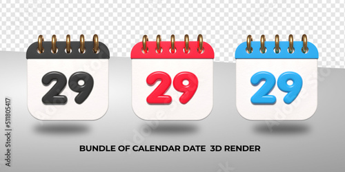 3d transparent calendar date 29 for meeting schedule, event schedule, vacation, work, school color black, red, blue