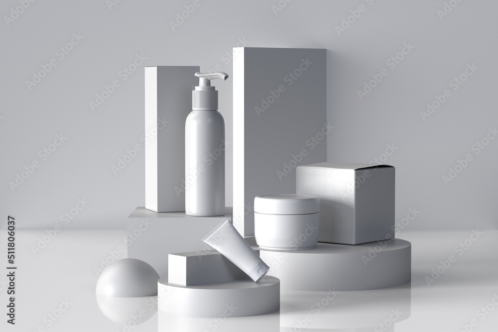 White cosmetic packaging ant white podium 3d rendering White cosmetic packaging ant white podium 3d rendering