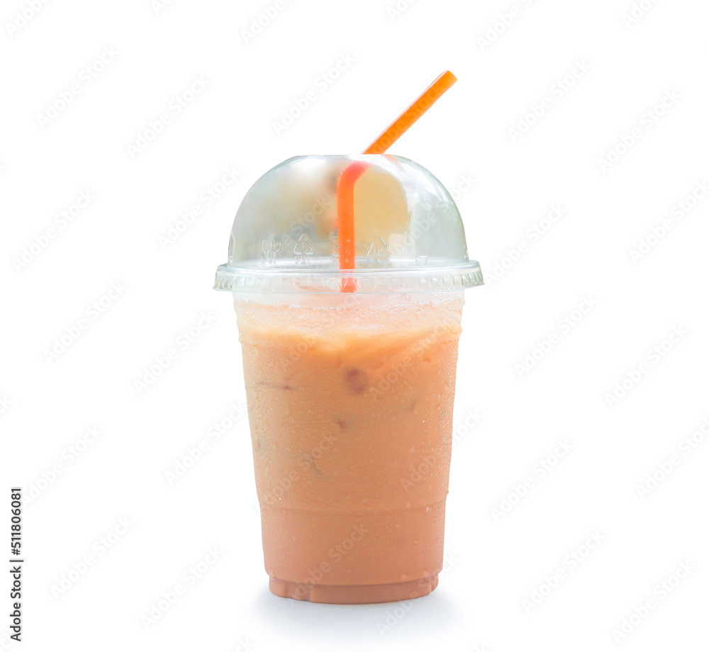 Orange Thai iced condensed milk tea in transparent plastic glass with straw isolated on white background with clipping path Orange Thai iced condensed milk tea in transparent plastic glass with straw isolated on white background with clipping path