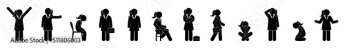 woman at work icon, businesswoman illustration, stick figure man, woman silhouettes set, isolated flat vector