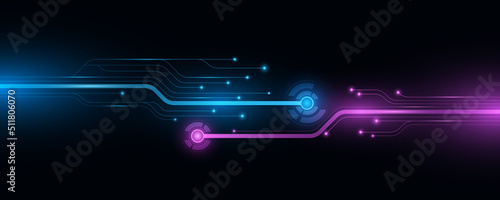 Modern technology background with glowing blue and purple circuit computer board. HUD rounds with light effects. Big data concept. Software. Digital hi-tech design. Vector Illustration