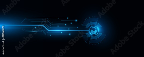 Futuristic sensor panel with lock and glowing computer circuit board. Biometric data security. Dashboard display. HUD round. Big data concept. User protection. Touch screen panel. Vector illustration