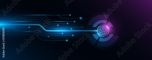 Futuristic fingerprint with glowing computer circuit board. Biometric data security. Dashboard display. HUD round. Big data concept. Scan user. Touch screen panel. Vector illustration