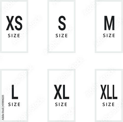 Collection of clothing size labels or price tags on white background, vector illustration.