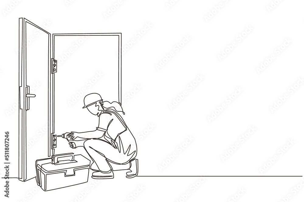 Single one line drawing door service. Repairwoman in the uniform with special equipment repair door element. Locksmith woman fix lock. Construction services. Continuous line draw design graphic vector Single one line drawing door service. Repairwoman in the uniform with special equipment repair door element. Locksmith woman fix lock. Construction services. Continuous line draw design graphic vector