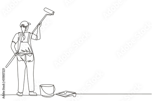 Single continuous line drawing woman painting wall with roller. Vector concept illustration on home repair, renovation, freshen up. Female painter professional at work. One line draw design graphic