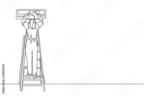 Single one line drawing air conditioning repair. Repairwoman technician woman repairing air conditioner. Air conditioning unit repair, maintenance professional service. Continuous line design vector