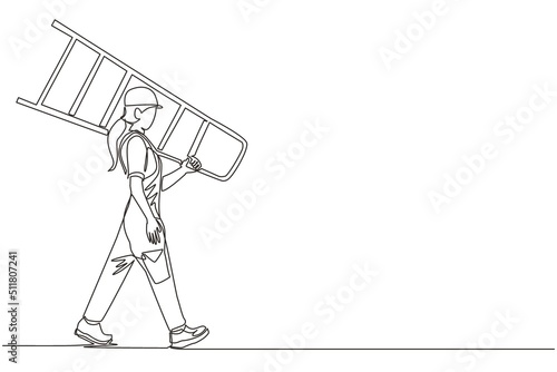 Continuous one line drawing repairwoman with ladder. Handywoman working on call. Carpenter handle activity on renovation home. Hard laborer job. Painter worker handywoman. Single line design vector