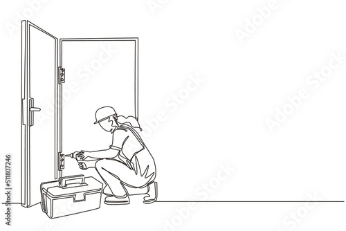 Single one line drawing door service. Repairwoman in the uniform with special equipment repair door element. Locksmith woman fix lock. Construction services. Continuous line draw design graphic vector