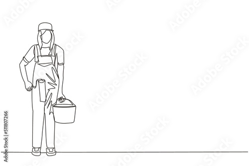 Continuous one line drawing woman holds roller with paint and bucket of paint  home repairs  painting walls in house  apartment  professional painter. Single line design vector graphic illustration