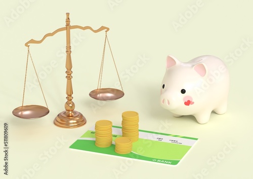 預金通帳と貯金箱とお金と天秤