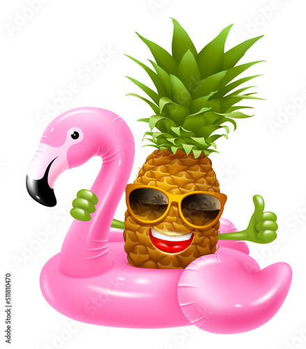Inflatable rubber swimming ring in pink flamingo shape. Fun character pineapple in the sunglasses swim on the flamingo, smiling and shows thumbs up. Realistic vector illustration