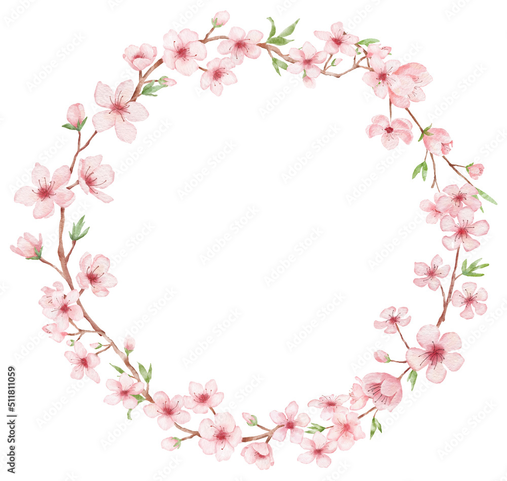 Round frame with Branch of Cherry blossom illustration. Watercolor painting sakura wreath isolated on white. Japanese flower