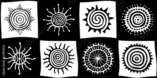 Seamless pattern, ethnic background, sun symbols, vector design	