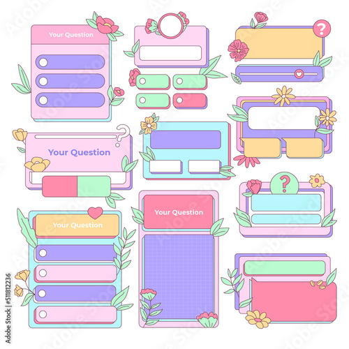 Isolated Vintage Retro Social Media templates, UI Frames and elements pop up window, search bar, countdown, pop up, quiz and question interface with pink purple vivid color