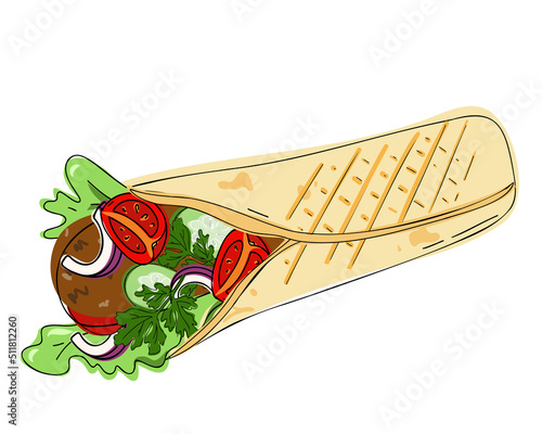 Doner, shawarma, or burrito, fast food menu snack, street food delivery and takeaway. Icon for delivery service, mobile apps, websites, logos Vector illustration, hand drawn or doodle.