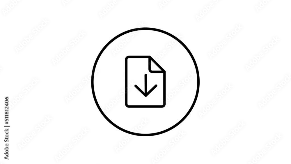 Document download line icon inside circle, arrow down, black outline, line icon video animation. Document download line icon inside circle, arrow down, black outline, line icon video animation.