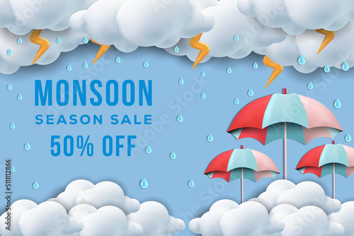 3d monsoon season background with umbrellas and thunder, monsoon sale 3d illustration