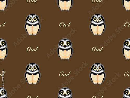 Owl cartoon character seamless pattern on brown background. Pixel style