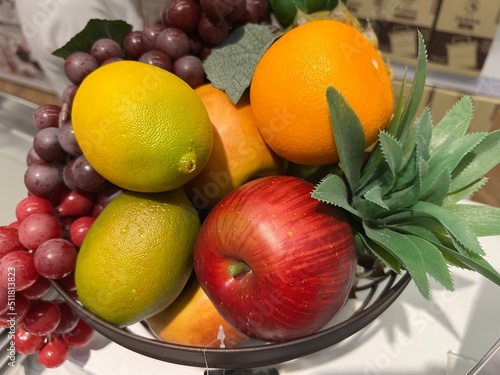 Fresh fruit basket on shelf in community market   19 June 2022  Buriram province.