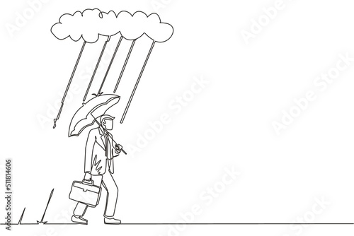 Single one line drawing businessman with briefcase and umbrella stand under rain cloud. Depression, passerby at rainy weather. Drenched man, water pour from sky. Continuous line graphic design vector