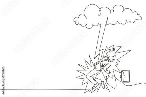 Single continuous line drawing businessman struck by lightning or thunder from dark cloud. Bad luck, misery, unfortunate, unlucky, disaster, risk, and danger. One line draw design vector illustration