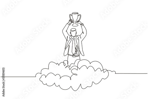 Single continuous line drawing businessman holding trophy in cloud. Showing award celebrates his victory in sky. Business success goal achievement. Winning competition. One line graphic design vector