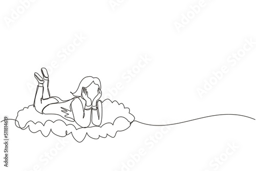 Single one line drawing dreamer. Businesswoman lay on the clouds and dreaming or thinking something about new business. Woman lying on cloud. Continuous line draw design graphic vector illustration