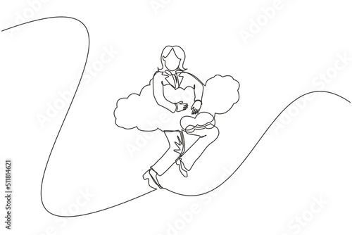 Continuous one line drawing businesswoman hang in the clouds. Hoping for success, financial freedom, winning business project, achievement concept. Single line draw design vector graphic illustration