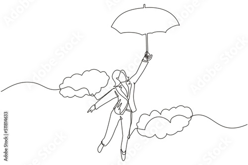 Continuous one line drawing happy wealthy businesswoman flying with her umbrella holding briefcase. Office worker achieve financial independence. Single line draw design vector graphic illustration