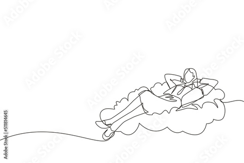 Single one line drawing relaxed and successful happy young businesswoman relaxing laying on clouds. Break, vacation, coffee time and relaxation. Continuous line draw design graphic vector illustration