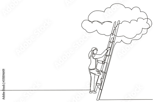 Single one line drawing businesswoman climbing up career ladder to cloud. Successful rising business development. Professional growth promotion. Continuous line draw design graphic vector illustration
