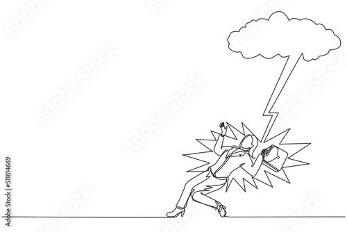 Single continuous line drawing businesswoman struck by lightning or thunder from dark cloud. Bad luck, misery, unfortunate, unlucky, disaster, risk, and danger. One line draw graphic design vector