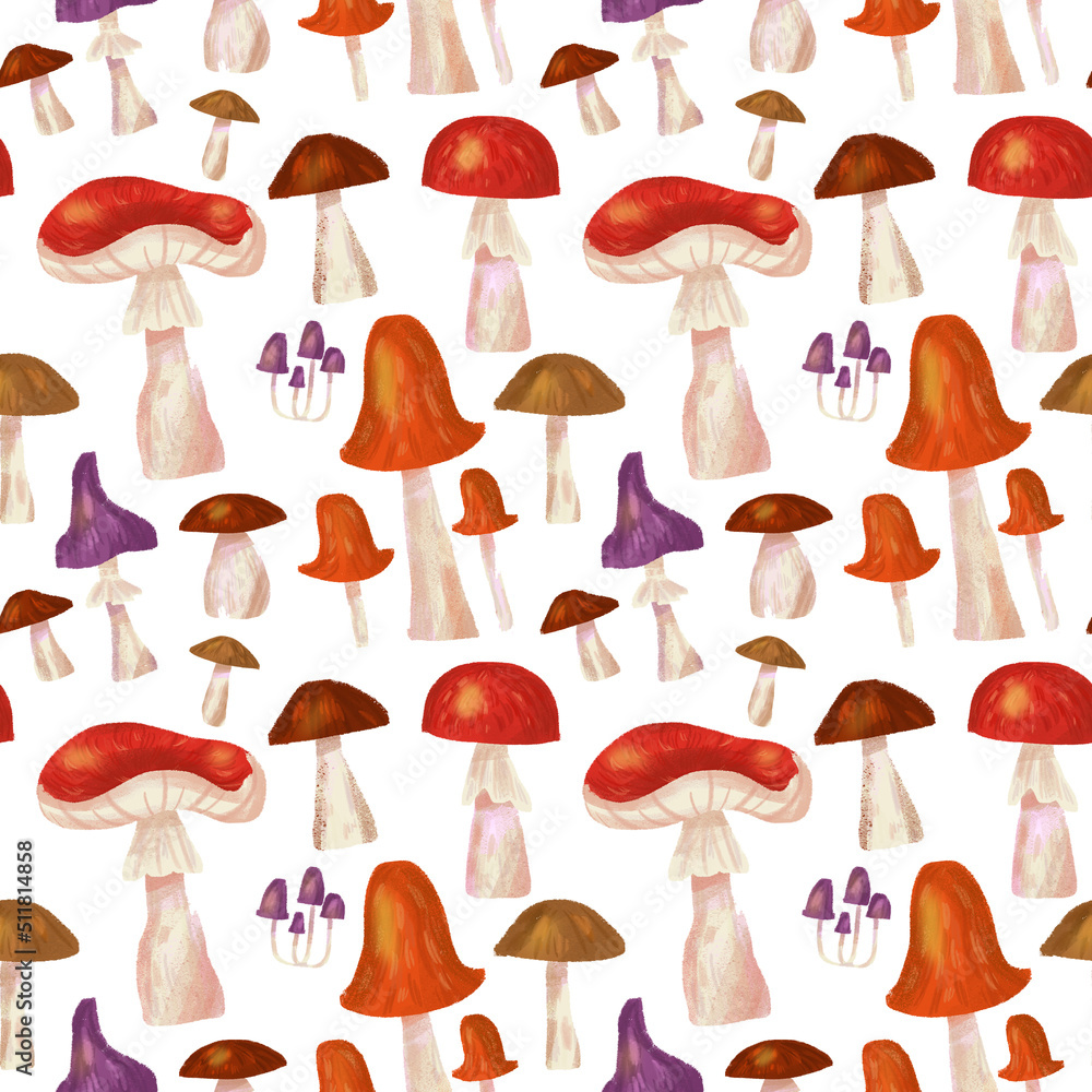 Forest mushrooms seamless pattern on white background. Pattern with amanita, morel, boletus. etc. Texture for nursery, wallpaper, fabric, textiles, etc. Forest mushrooms seamless pattern on white background. Pattern with amanita, morel, boletus. etc. Texture for nursery, wallpaper, fabric, textiles, etc.