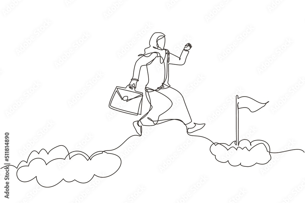 Single continuous line drawing fearless brave Arab businesswoman make risk by jump over clouds to reach her success target or flag. Challenge of her career. One line graphic design vector illustration