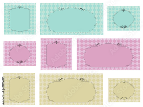 ガーリーなヴィンテージ風フレーム背景、3カラー×3パターンセット
