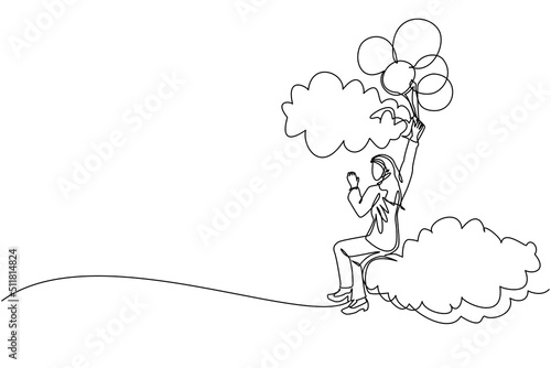 Single one line drawing Arabian businesswoman floating with balloon. Woman holding balloon flying through cloud. Worker reaches goal, target, finds solution. Continuous line draw design graphic vector