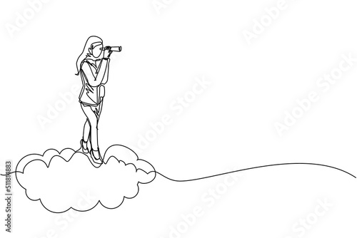 Single continuous line drawing Arab businesswoman riding high cloud holding telescope or binocular to search for business visionary. Leadership vision company strategy. One line graphic design vector