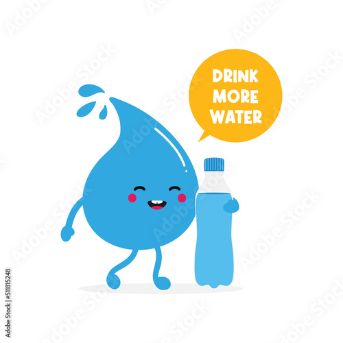 Cute happy blue water drop character holding bottle of water and asking to drink more water.