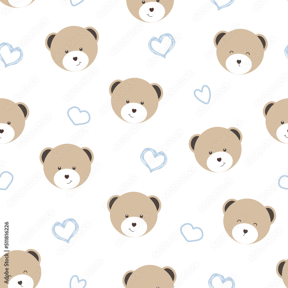 Seamless pattern with cute brown bear and blue hearts on white background. Vector illustration for wrapping paper, it's a boy card, birthday invitation, fabric, textile and more.