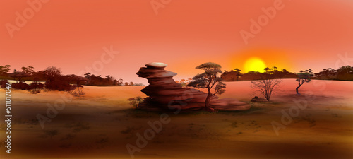 Lone rock in african landscape at sunset