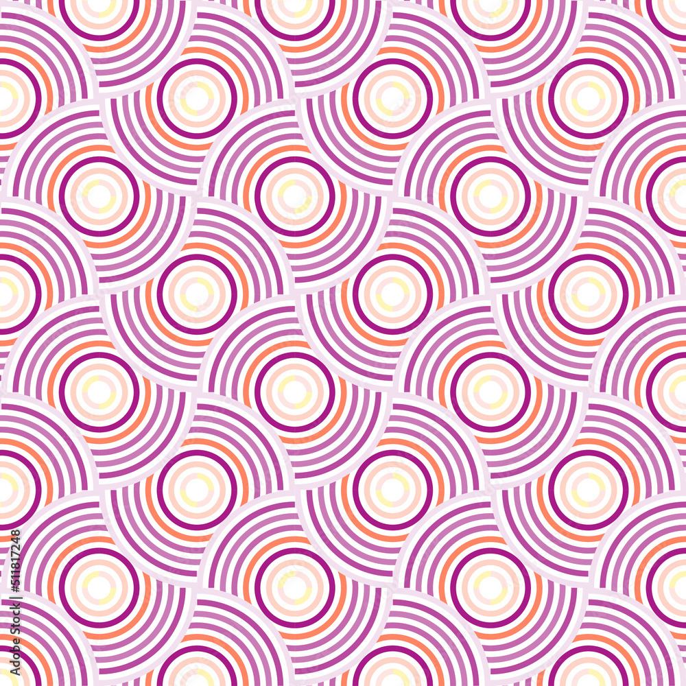 Circle overlap seamless pattern in pink orange, maroon and white