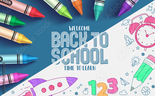 Back to school vector background. Welcome back to school text with colors element for hand drawn arts activity. Vector Illustration.
