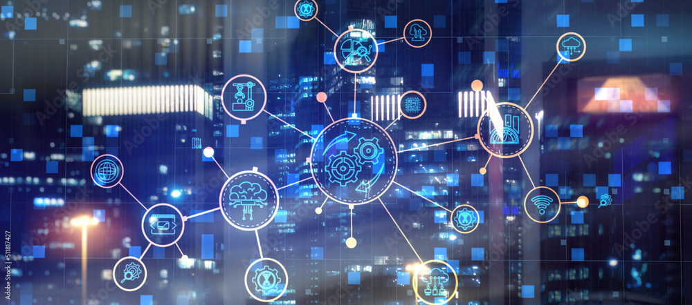RPA. Robotic Process Automation on modern city abstract background RPA. Robotic Process Automation on modern city abstract background