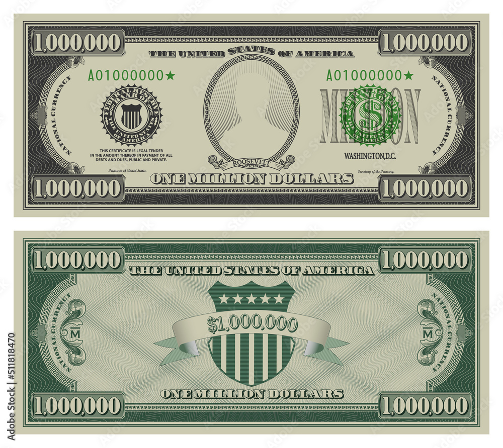 Vector million dollars banknote. Gray obverse and green reverse fictional US paper money in style of vintage american cash. Frame with guilloche mesh and bank seals. Roosevelt - obrazy, fototapety, plakaty 