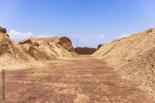Piles of dried wood chips on a storage site